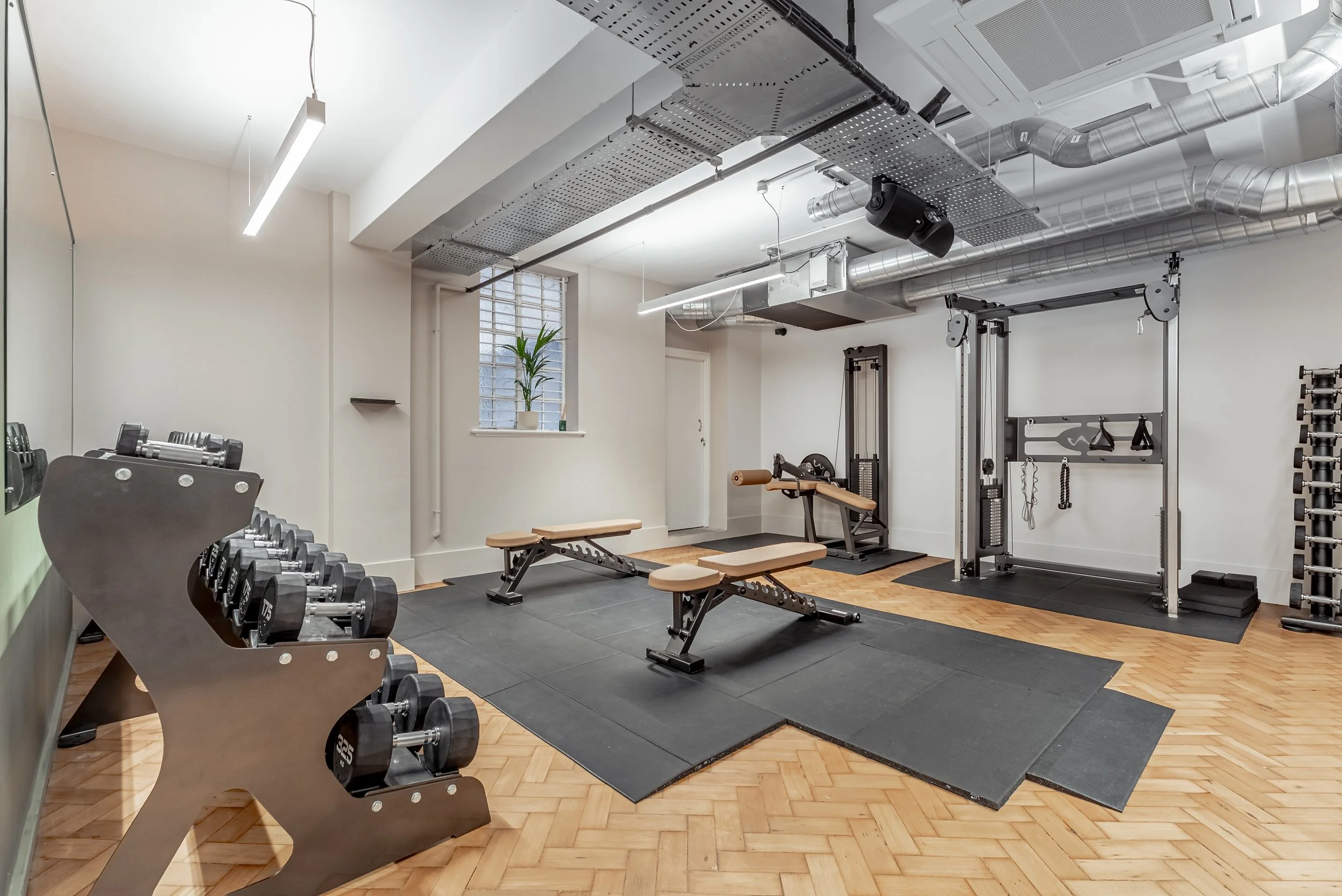 The far end of the gymnasium with benches, a leg curl and a dual cable station on parquet flooring